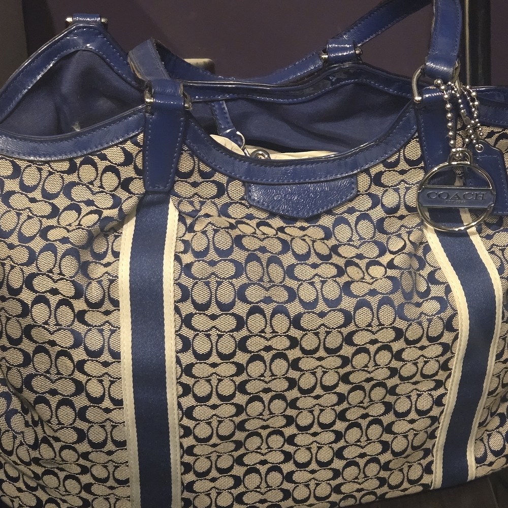 Coach Blue and Cream Shoulder Bag with Signature Pattern